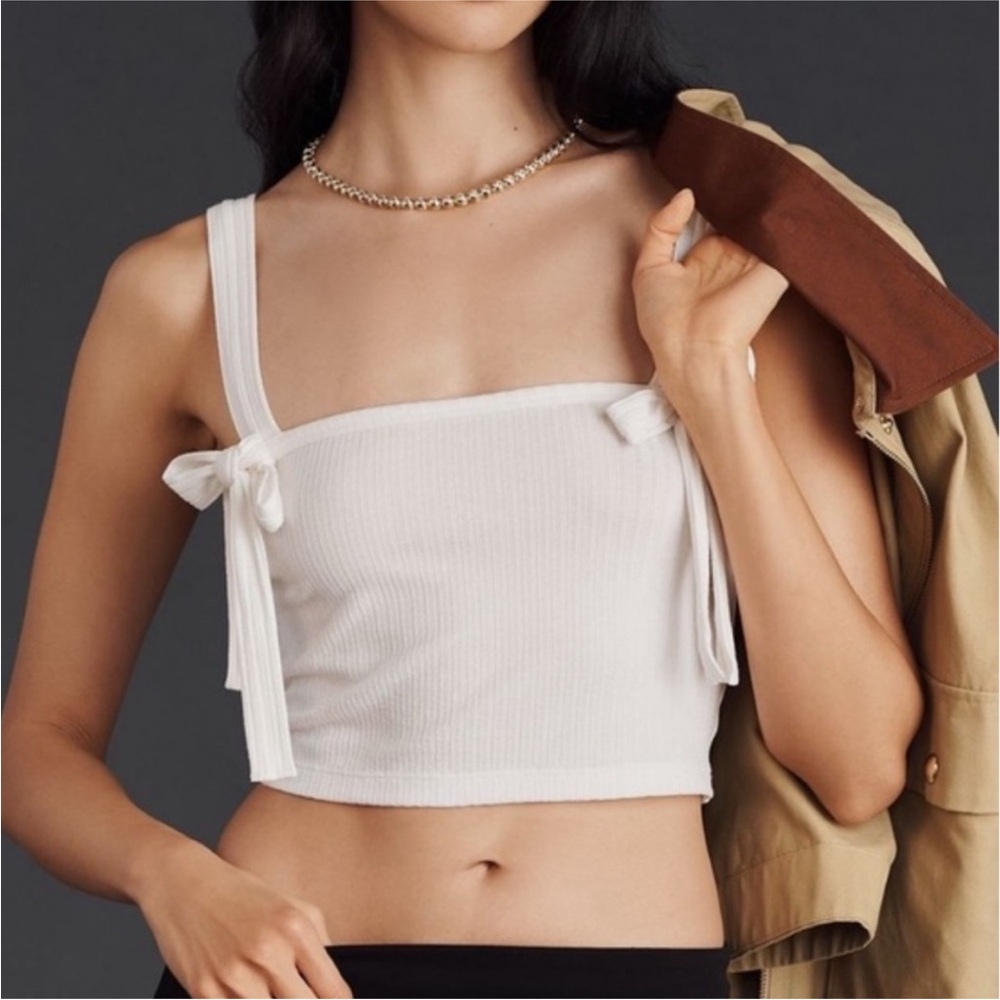New! Anthropologie White Ribbed Bow Tank Top NWT